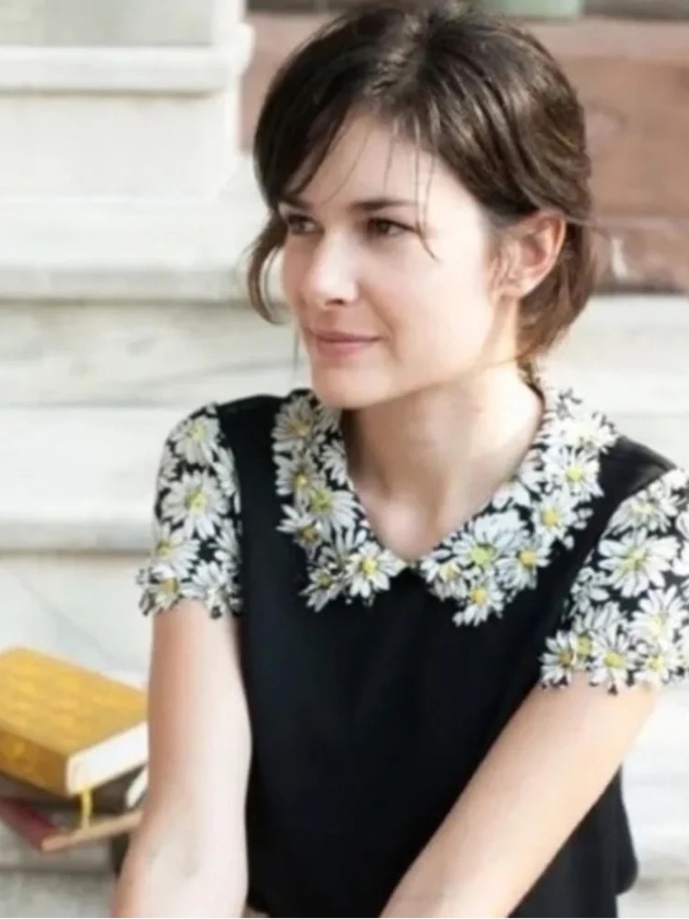 Anthropologie Black Top with Daisy-Embroidered Collar and Sleeves